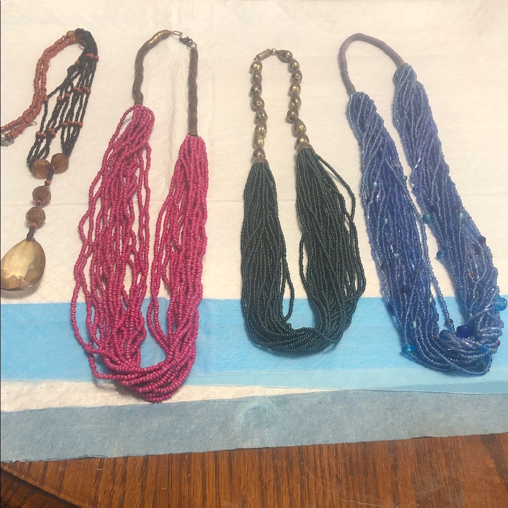 Vintage Multi-Strand Beaded Necklaces - Pink, Black, Blue